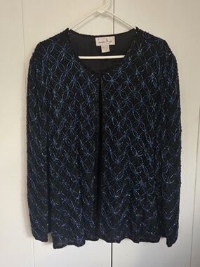 Vtg Laurence Kazar Black Silk Beaded Evening Jacket Blue Geometric Plus Size 2X